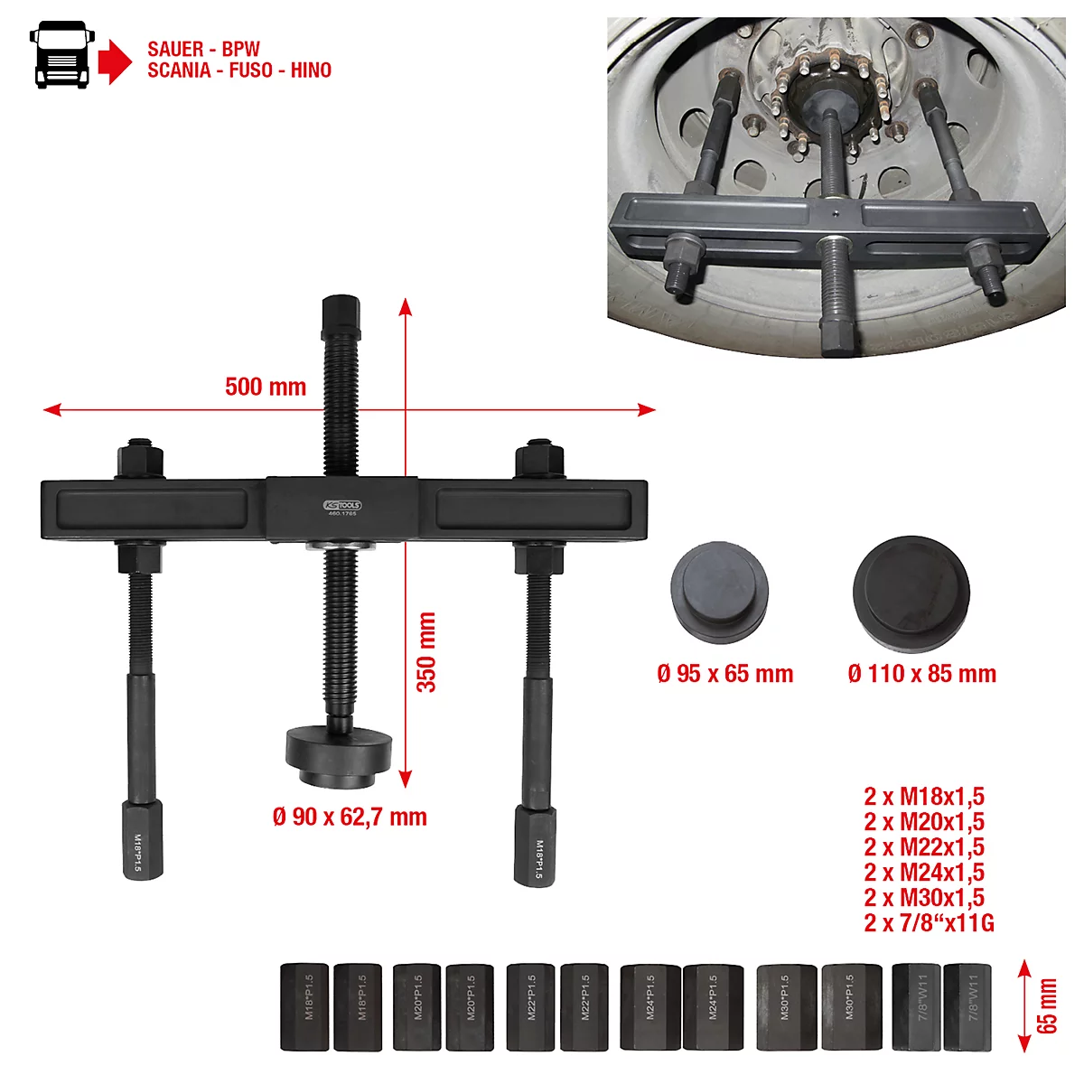 Schwarzes Werkzeug mit Maßen und Beschriftungen. Ein Rad ist im Hintergrund abgebildet. In der linken oberen Ecke steht SAUER - BPW, SCANIA - FUSO - HINO.